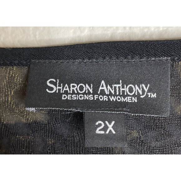 Sharon Anthony Womens 2X Black Gold Metallic Slinky Blouse Top Floral Romantic - Picture 5 of 7